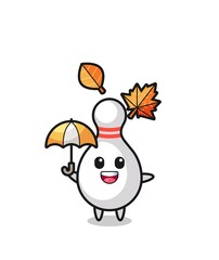 cartoon of the cute bowling pin holding an umbrella in autumn