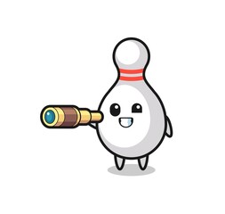cute bowling pin character is holding an old telescope