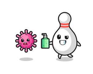 illustration of bowling pin character chasing evil virus with hand sanitizer