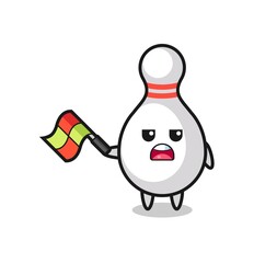 bowling pin cartoon as the line judge hold the flag up at a 45 degree angle