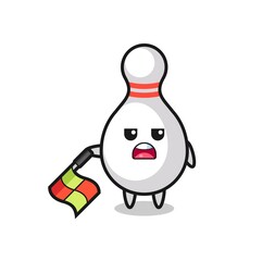 Fototapeta premium bowling pin character as line judge hold the flag down at a 45 degree angle