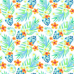 Fototapeta na wymiar Summer tropical seamless floral pattern. Watercolor print with exotic flowers and jungle leaves. Plumeria flowers, hibiscus, palm branches on a white background. 