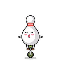 The cute bowling pin character is riding a circus bike