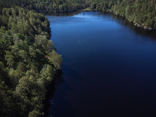 Fototapeta na wymiar Bird's eye view of a pond, lake with green trees. Aerial, drone nature photography taken from above in Sweden in summer. Dark blue water surface background with copy space and place for text.