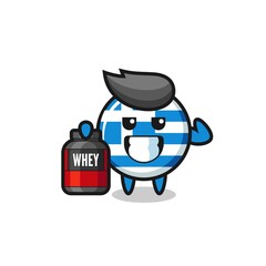 the muscular greece flag character is holding a protein supplement