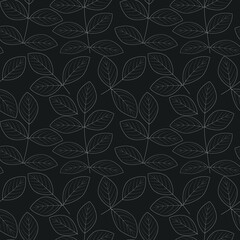The contours of the leaves. Seamless vector black and white pattern. White outlines of leaves on a black background.