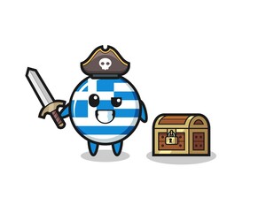 the greece flag pirate character holding sword beside a treasure box