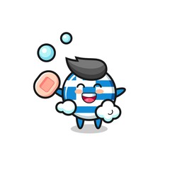 greece flag character is bathing while holding soap