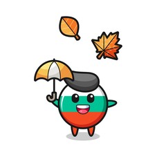 cartoon of the cute bulgaria flag badge holding an umbrella in autumn