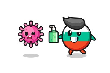 illustration of bulgaria flag badge character chasing evil virus with hand sanitizer