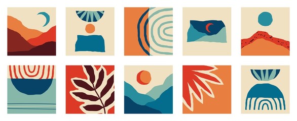 Trendy social media set of ten abstract backgrounds with abstract organic shapes composition in contemporary collage minimal style.