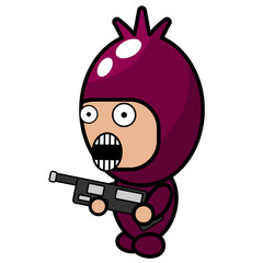 vector cartoon cute mascot character simple shallot costume holding a gun