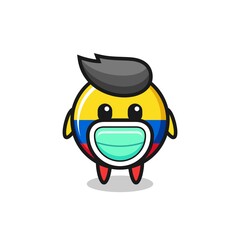 cute colombia flag badge cartoon wearing a mask