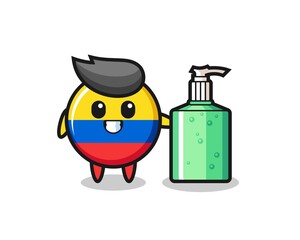 cute colombia flag badge cartoon with hand sanitizer