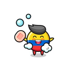 colombia flag badge character is bathing while holding soap