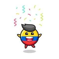 happy colombia flag badge mascot jumping for congratulation with colour confetti