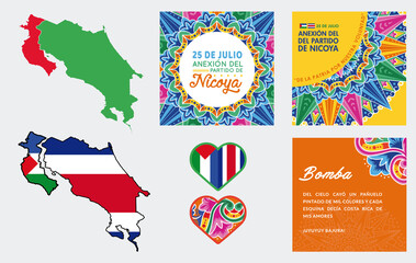 Banners and Costa Rica Maps for the Annexation of the Nicoya Party (Anexion al Partido de Nicoya), Costa Rica Independence Day, civic and cultural events with Ox cart designs (Vectors, EPS)