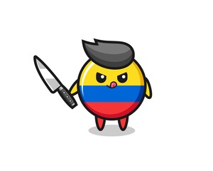 cute colombia flag badge mascot as a psychopath holding a knife