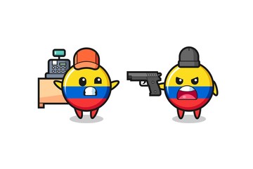 illustration of the cute colombia flag badge as a cashier is pointed a gun by a robber