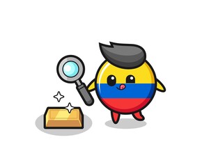 colombia flag badge character is checking the authenticity of the gold bullion