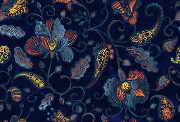 Paisley watercolor floral pattern tile: flowers, flores, tulips, leaves. Oriental indian traditional hand painted water color whimsical seamless print, ceramic design. Abstract india batik background