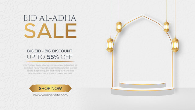 3D Product Display Podium Ramadan Kareem Sale Banner Islamic Ornament Lantern Background, Ramadan sale social media post with empty space for product