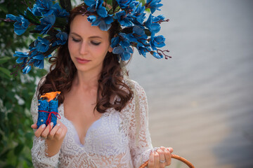 Bride nymph at water, Slavic rituals, pagan magic scene, nature power concept