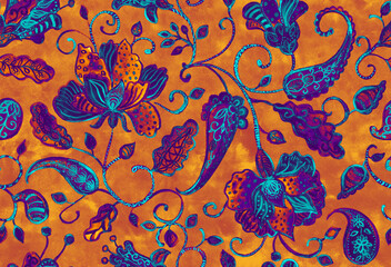Paisley watercolor floral pattern tile: flowers, flores, tulips, leaves. Oriental indian traditional hand painted water color whimsical seamless print, ceramic design. Abstract india batik background