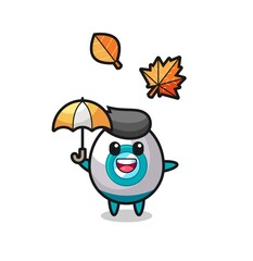 cartoon of the cute rocket holding an umbrella in autumn