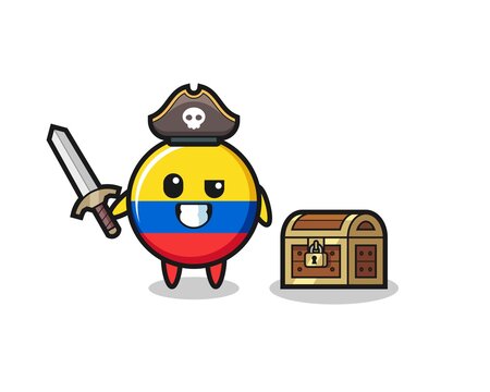 the colombia flag badge pirate character holding sword beside a treasure box