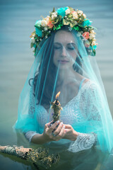Bride nymph at water, Slavic rituals, pagan magic scene, nature power concept
