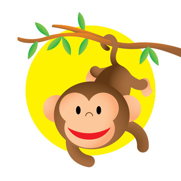 Cartoon Cute Smiling Monkey Hanging And Swinging From Tree Branch With Tail
