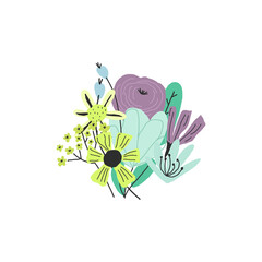 Vector hand drawn colorful flowers bouquet. Illustration, template for funny print