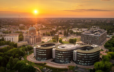 Aerial view of city of  Lodz in Poland during sunset