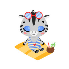 Flat doodle cute cartoon summer zebra sunbathing on the beach. Tropical jungle animals