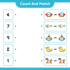 Count and match, count the number of Ufo, Plane, Whirligig Toy, Rubber Duck, Rocking Horse and match with the right numbers. Educational children game, printable worksheet, vector illustration
