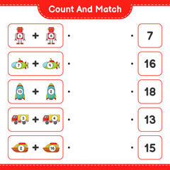 Count and match, count the number of Robot Character, Submarine, Rocket, Lorry, Boat and match with the right numbers. Educational children game, printable worksheet, vector illustration