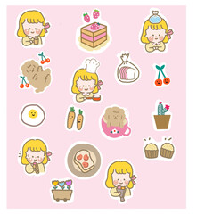 A blonde short haired girl is doing various things on the pink background along with her brown dog and her food