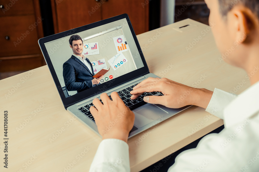 Poster e-learning and online business presentation meeting concept. digital training course for people to d