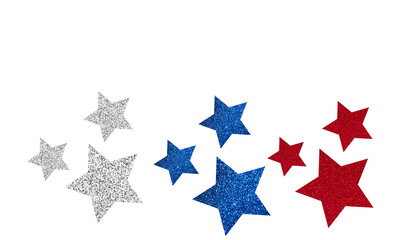 USA independence day flat lay copy space background with red blue and white stars, glittery stars background