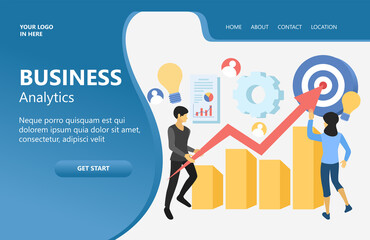 Illustration of a team of business workers, a man carries an arrow in front of the graph bars, then a woman makes the arrow point up to the target place. isometric vector illustration design concept