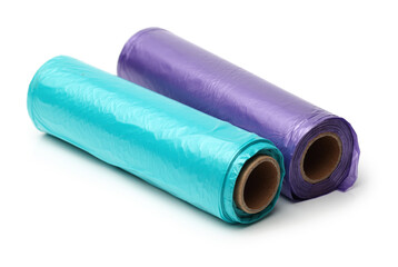 Roll of plastic garbage bags on white background