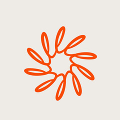 Flower logo.Decorative abstract blossom plant icon isolated on light background.Ornamental sign.Bright orange shapes.Circular emblem.Beauty, spa, floral, natural style.