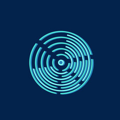 Circle logo.Modern, web, tech, geometric style icon isolated on dark background.Blue lines overlapping.Technology concept.Abstract circular movement.Security design.