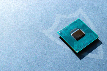 Data security. Digital computer processor, network motherboard chip on dark technology background....