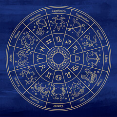 Horoscope Circle With Zodiac Signs. Watercolor Background ホロスコープ　水彩背景
