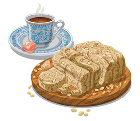 illustration of the halvah with seeds and traditional Turkish coffee