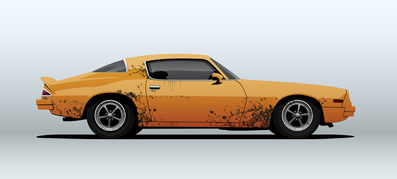 Rusty muscle car. Vector illustration, view from side.
