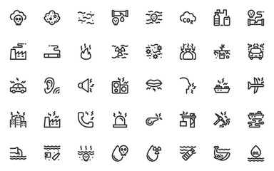 set of pollution line icons, water pollution, air pollution, noise pollution, conteminated, emission