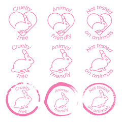 Set of 9 pink logo and icons with rabbits for packaging. Cruelty free, not tested on animals and animal friendly stamps. Lineart style vector illustrations. The rabbits has editable stroke.